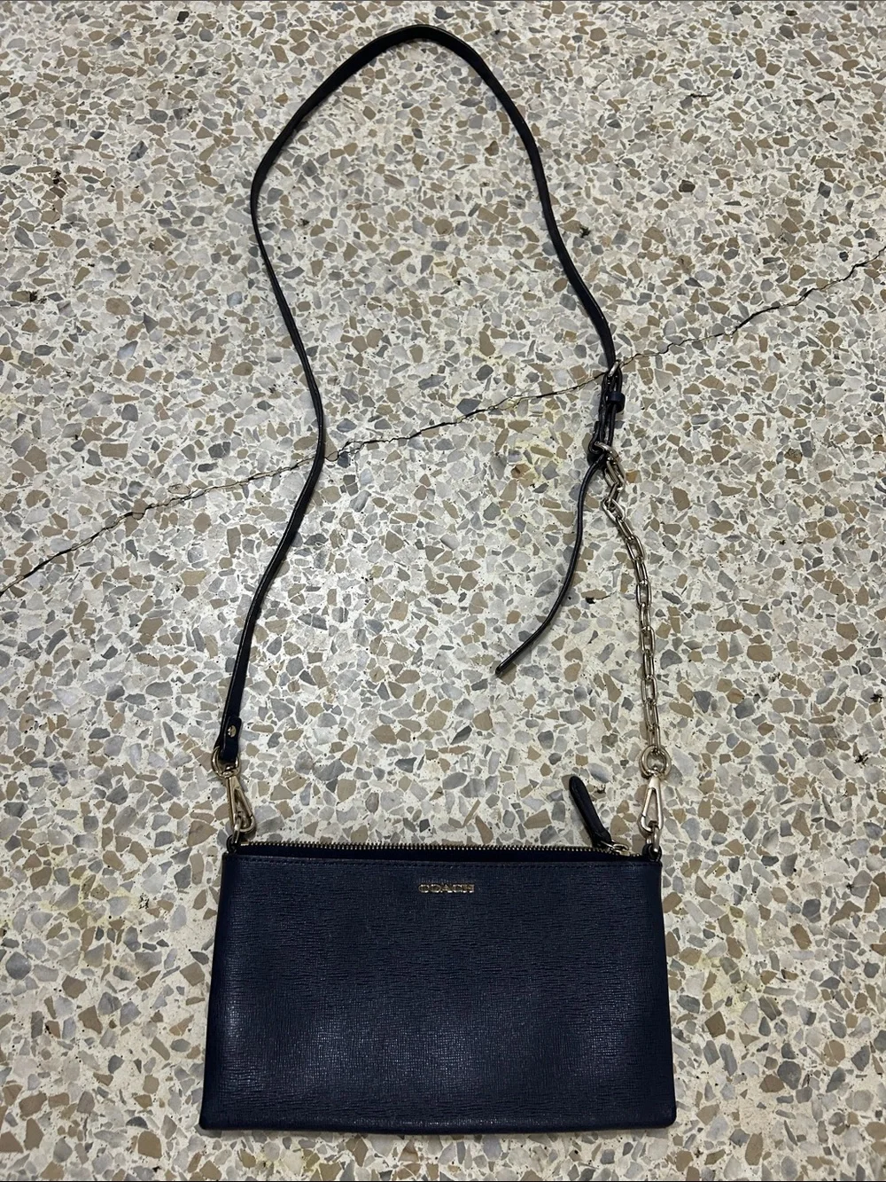 COACH Navy Leather Crossbody with Gold Chain Strap